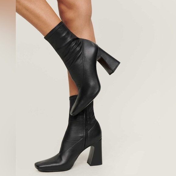 Reformation Shoes - Reformation Edie Black Square Toe Chunky Block Heel Ankle Sock Boot Sz 7.5 NWOB